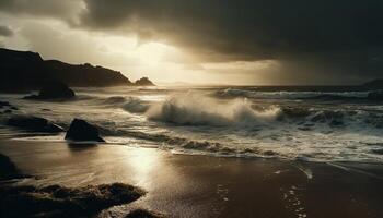 Tranquil seascape at dusk, waves breaking on sandy coastline generated by AI photo