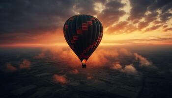 Romantic hot air balloon soars high in multi colored sky generated by AI photo