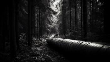 Vanishing point leads to spooky forest with wet, flowing pipeline generated by AI photo