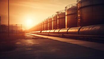 Sunset over oil industry refinery, pipeline, storage tank, pollution generated by AI photo