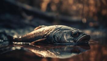 Tranquil scene of fish catching in dark forest by pond generated by AI photo