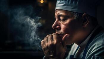 grave hombre meditando, contemplando espiritualidad y religión adentro a noche generado por ai foto