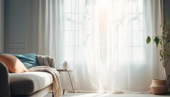 Modern luxury apartment with bright sunlight, elegant furniture and textiles generated by AI photo