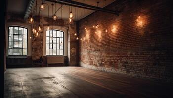 Rustic luxury decor in ancient loft apartment with modern lighting equipment generated by AI photo