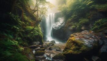 tranquilo escena de majestuoso bosque con fluido agua y fauna silvestre generado por ai foto