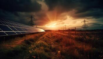 Renewable energy powers sustainable agriculture in rural meadow landscape generated by AI photo