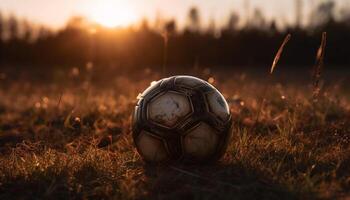 jugando fútbol en un verde campo a atardecer, competitivo deporte generado por ai foto