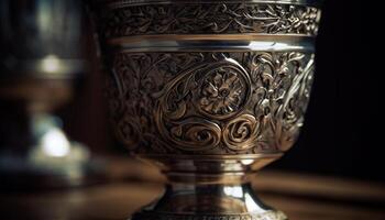 Antique chalice, ornate decoration, shiny metal, focus on foreground generated by AI photo