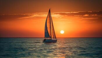 Sailboat silhouette races against the sunset on tranquil seascape generated by AI photo