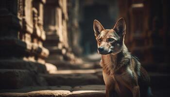 linda de pura raza perro sentado al aire libre, mirando a cámara con piel generado por ai foto