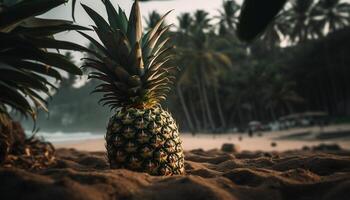 Ripe pineapple on green leaf, symbol of healthy tropical summer generated by AI photo