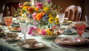 Multi colored bouquet adorns elegant table with fresh flower arrangement generated by AI photo