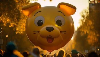 alegre celebracion al aire libre con juguetón animales, brillante globos, y sonriente amigos generado por ai foto