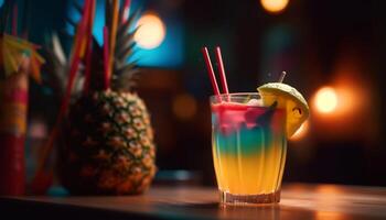 Refreshing tropical cocktail with fruit and citrus slices on wood table generated by AI photo