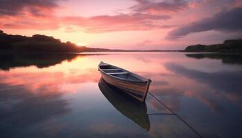 Tranquil scene of nature beauty in sunset reflection on water generated by AI photo