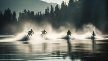 Silhouette of men cycling in nature, reflecting on water generated by AI photo