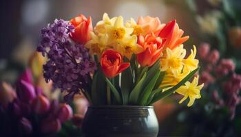 Vibrant bouquet of multi colored flowers in a green vase generated by AI photo