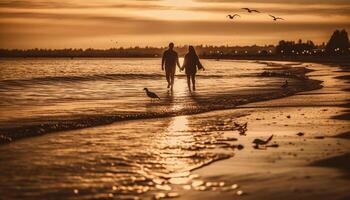 Sunset romance two people walking on water edge, enjoying nature generated by AI photo
