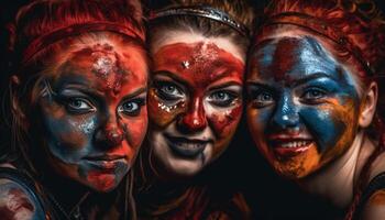 Smiling young adults in spooky face paint celebrate Halloween together generated by AI photo