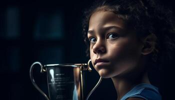 Cute girl holding drink, smiling at camera in studio shot generated by AI photo