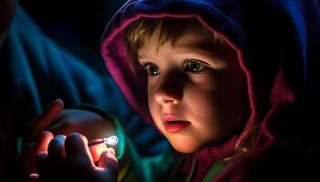 Cute hooded siblings playing in the dark, illuminated by lighting equipment generated by AI photo