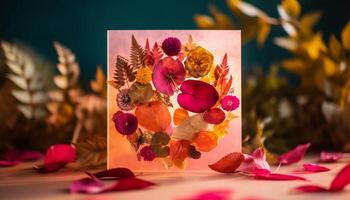 otoño romance en un madera mesa con flor decoración generado por ai foto