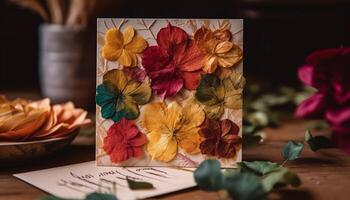Rustic bouquet on wooden desk, vibrant colors bring home relaxation generated by AI photo