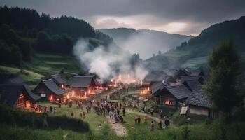 Mountain hut in ancient forest, a rural scene at dusk generated by AI photo