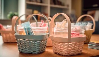 Wicker basket holds multi colored plastic containers for fresh food storage generated by AI photo