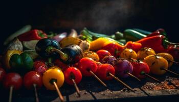 Grilled vegetable skewers with fresh tomato and bell pepper, healthy meal generated by AI photo