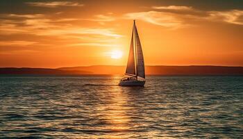 velero silueta paño dentro el atardecer, dos personas disfrutar libertad generado por ai foto