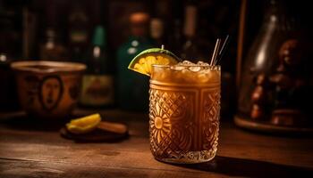 Fresh fruit cocktail on wooden table with ice and lemon generated by AI photo