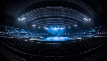 Empty modern stage theater illuminated by blue lighting equipment at night generated by AI photo