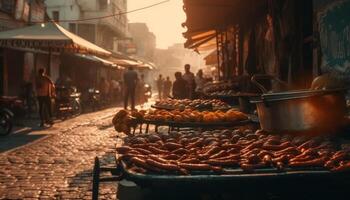 Grilled meat sizzles on coal as vendor sells to crowds generated by AI photo