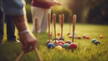 Men playing competitive sport outdoors on green grass playing field generated by AI photo