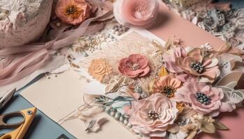 A rustic bouquet of multi colored flowers on an antique table generated by AI photo