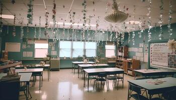 moderno salón de clases con de madera escritorios y sillas, pizarra y tecnología generado por ai foto