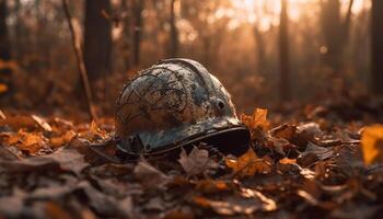 Men in army helmets walk through autumn forest, armed for war generated by AI photo