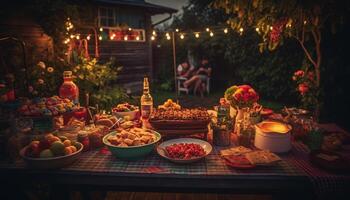 Rustic barbecue feast with grilled meat, fresh fruit, and indulgent desserts generated by AI photo