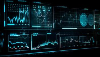 Pulsating blue wave pattern analyzing human heart frequency on computer monitor generated by AI photo