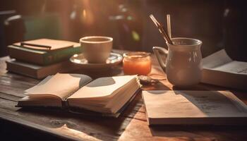 antiguo pasado de moda biblioteca escritorio con apilar de literatura, café taza, y bolígrafo generado por ai foto