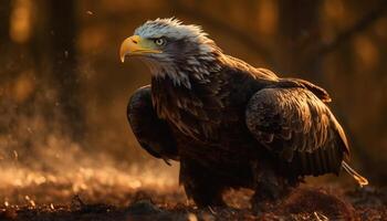 Majestic bird of prey perching on snow covered branch, spread wings generated by AI photo