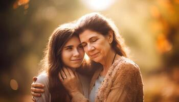 Mother and daughter embrace in nature, enjoying sunset beauty generated by AI photo