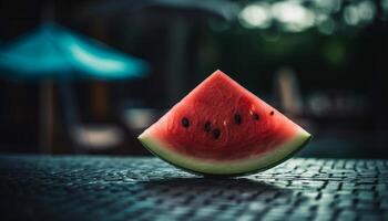 Juicy watermelon slice on wooden table, perfect summer refreshment generated by AI photo