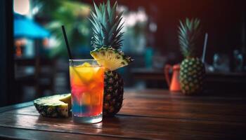 Fresh tropical cocktail with pineapple slice, lime and organic fruit generated by AI photo