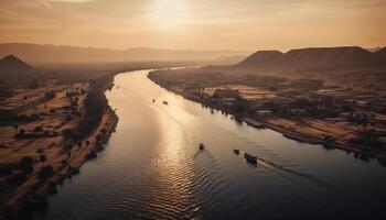 Tranquil sunset over African coastline, mountain range and nautical vessel generated by AI photo