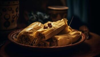 Chinese dumplings steamed in a bamboo basket, a traditional appetizer generated by AI photo