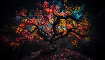 multi de colores hojas adornar el otoño bosque, retroiluminado por puesta de sol generado por ai foto