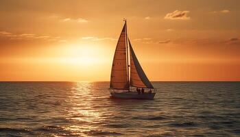 Sailing yacht glides on tranquil seascape at sunset, pure romance generated by AI photo