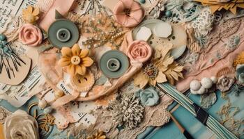 variedad de antiguo joyería arreglado en florido mesa decoración generado por ai foto